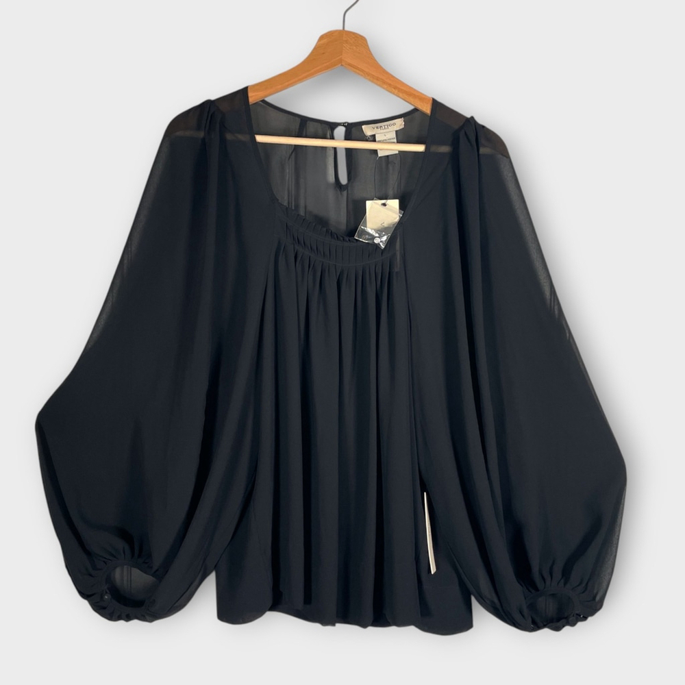 Vertigo Paris Popover Top LARGE Black Sheer Whimsigoth Balloon Sleeve NEW $160